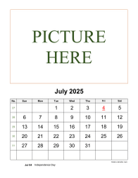 Printable July 2025 Calendar, pictures can be placed at the top