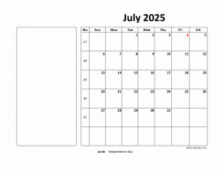 July 2025 printable calendar, large box, space for notes