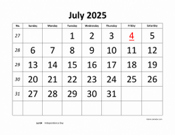 Printable July 2025 Calendar, large font design , holidays on red (horizontal)