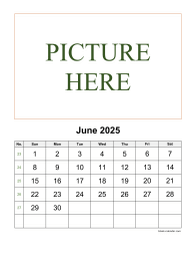 Printable June 2025 Calendar, pictures can be placed at the top