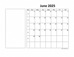 Printable June 2025 Calendar, large box, Federal Holidays listed, space for notes (horizontal)