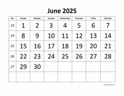 Printable June 2025 Calendar, large font design , holidays on red (horizontal)
