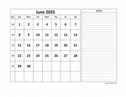 Printable June 2025 Calendar, large space for appointment and notes (horizontal)