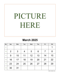 Printable March 2025 Calendar, pictures can be placed at the top