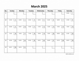 Printable March 2025 Calendar with check boxes (horizontal)