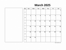 Printable March 2025 Calendar, large box, Federal Holidays listed, space for notes (horizontal)