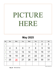 May 2025 printable calendar, pictures can be placed at the top
