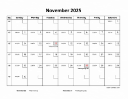 Printable November 2025 Calendar with check boxes (horizontal)