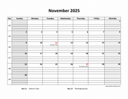 Printable November 2025 Calendar, large box grid, space for notes (horizontal)