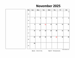 Printable November 2025 Calendar, large box, Federal Holidays listed, space for notes (horizontal)