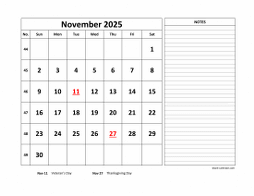 Printable November 2025 Calendar, large space for appointment and notes (horizontal)