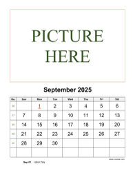 Printable September 2025 Calendar, pictures can be placed at the top