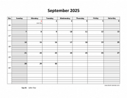 Printable September 2025 Calendar, large box grid, space for notes (horizontal)