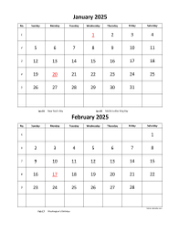 Printable 2025 calendar, 2 months per page (vertical)