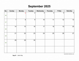 September 2025 Blank Calendar with US Holidays (horizontal)