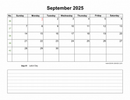 September 2025 Blank Calendar (horizontal, space for notes)