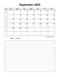 September 2025 Blank Calendar (vertical, space for notes)