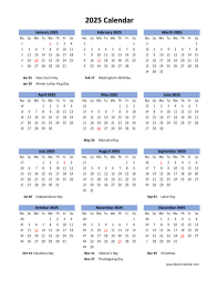 Blank Calendar 2025 with US Holidays (vertical)