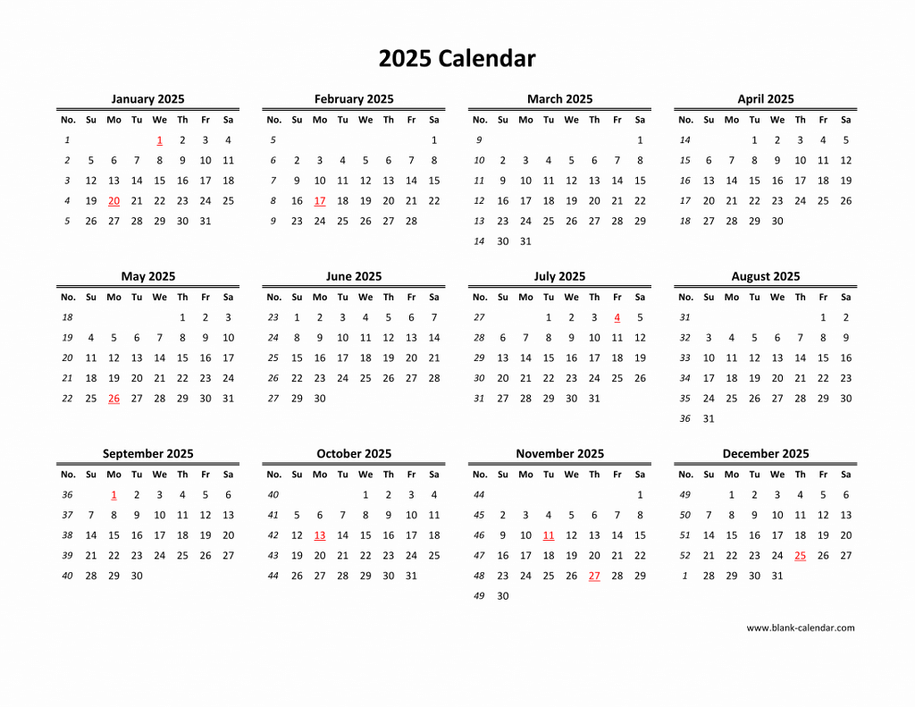 Download Blank Calendar 2025 (12 months on one page, horizontal)