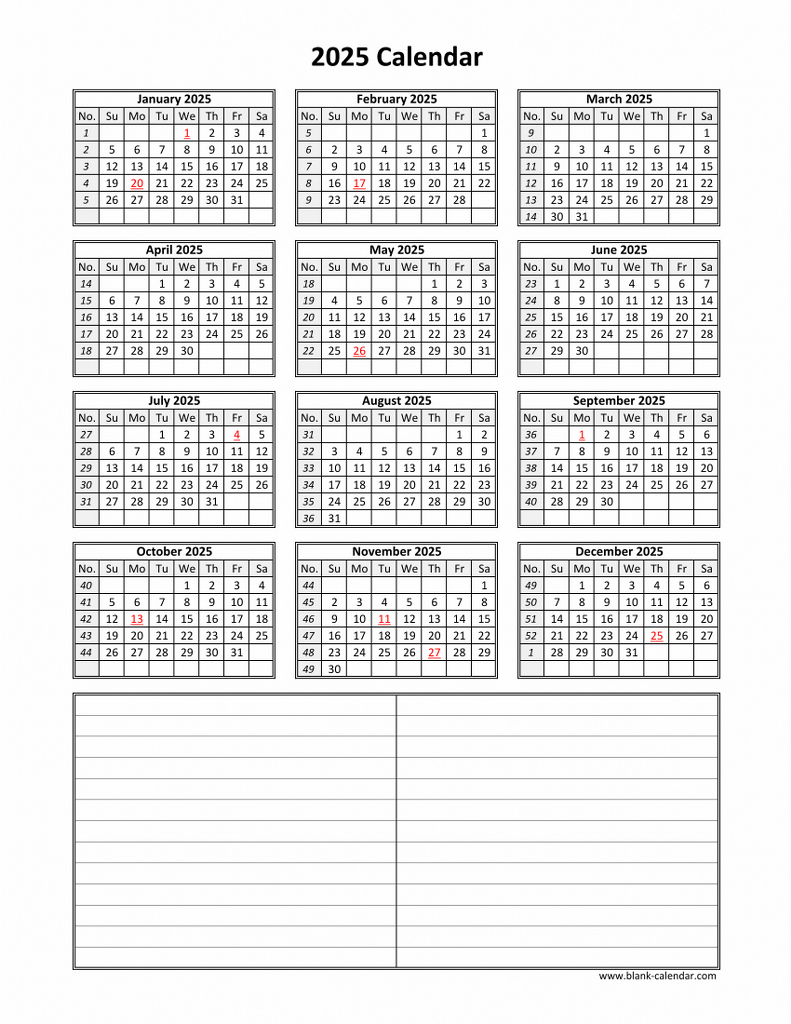 Download Blank Calendar 2025 with Space for Notes (12 months on one page, vertical)