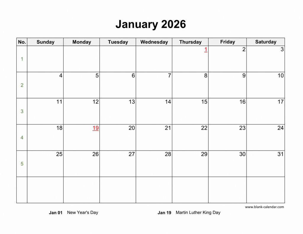 Download January 2026 Blank Calendar With Us Holidays Horizontal