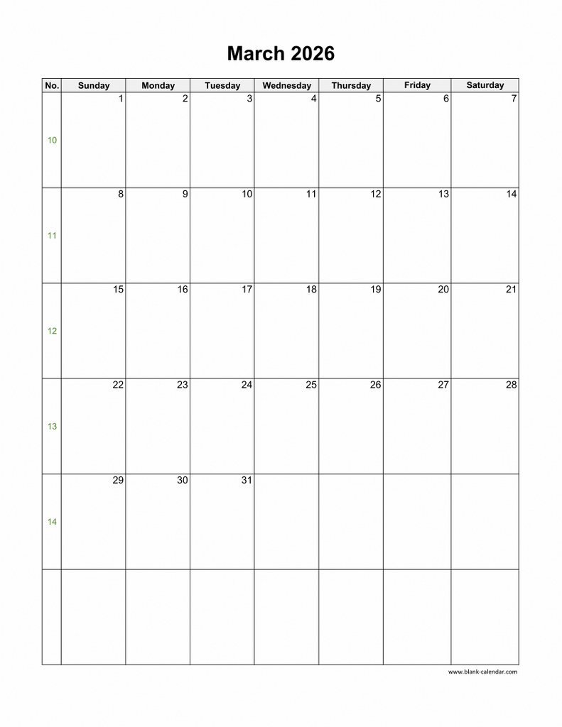 Download March 2026 Blank Calendar with US Holidays (vertical)
