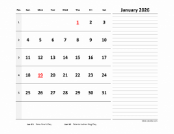 Free Download 2026 Excel Calendar Large Space for Notes (horizontal)