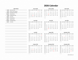 Yearly 2026 calendar with US holidays on the left