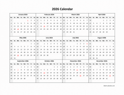 Yearly 2026 calendar template with simple design