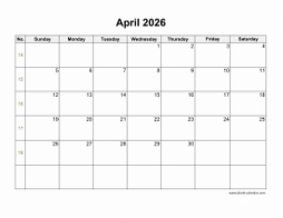 Blank Calendar for April 2026 (US Holidays, horizontal)