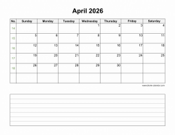 April 2026 Blank Calendar (horizontal, space for notes)