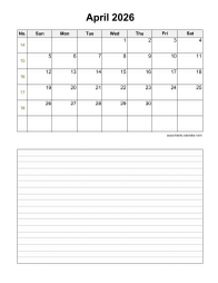 April 2026 Blank Calendar (vertical, space for notes)