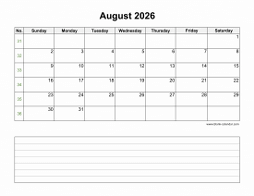 August 2026 Blank Calendar (horizontal, space for notes)