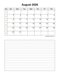 August 2026 Blank Calendar (vertical, space for notes)