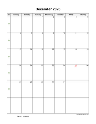 December 2026 Blank Calendar (US Holidays, vertical)