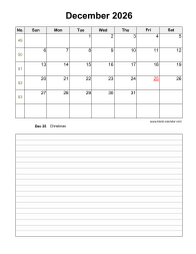 December 2026 Blank Calendar (vertical, space for notes)