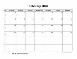 February 2026 blank calendar (horizontal)