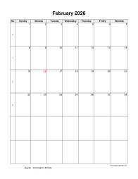 February 2026 Blank Calendar (US Holidays, vertical)