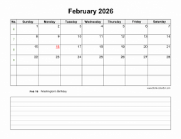 February 2026 Blank Calendar (Space for Notes, horizontal)