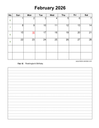 February 2026 Blank Calendar (Space for Notes, Vertical)