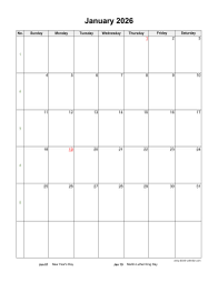 January 2026 Blank Calendar (US Holidays, vertical)