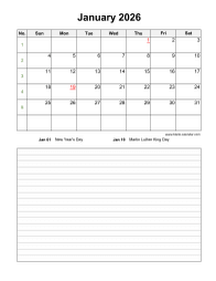 January 2026 Blank Calendar (vertical, space for notes)