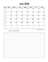 July 2026 Blank Calendar (vertical, space for notes)