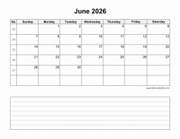 June 2026 Blank Calendar (horizontal, space for notes)
