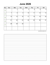 Download June 2026 Blank Calendar with Space for Notes (vertical)