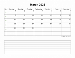 March 2026 Blank Calendar (horizontal, space for notes)