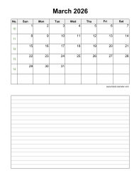March 2026 Blank Calendar (vertical, space for notes)