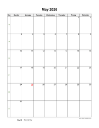 May 2026 Blank Calendar (US Holidays, vertical)