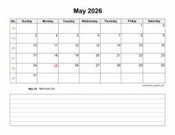 Download May 2026 Blank Calendar with Space for Notes (horizontal)