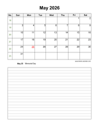 May 2026 Blank Calendar (vertical, space for notes)